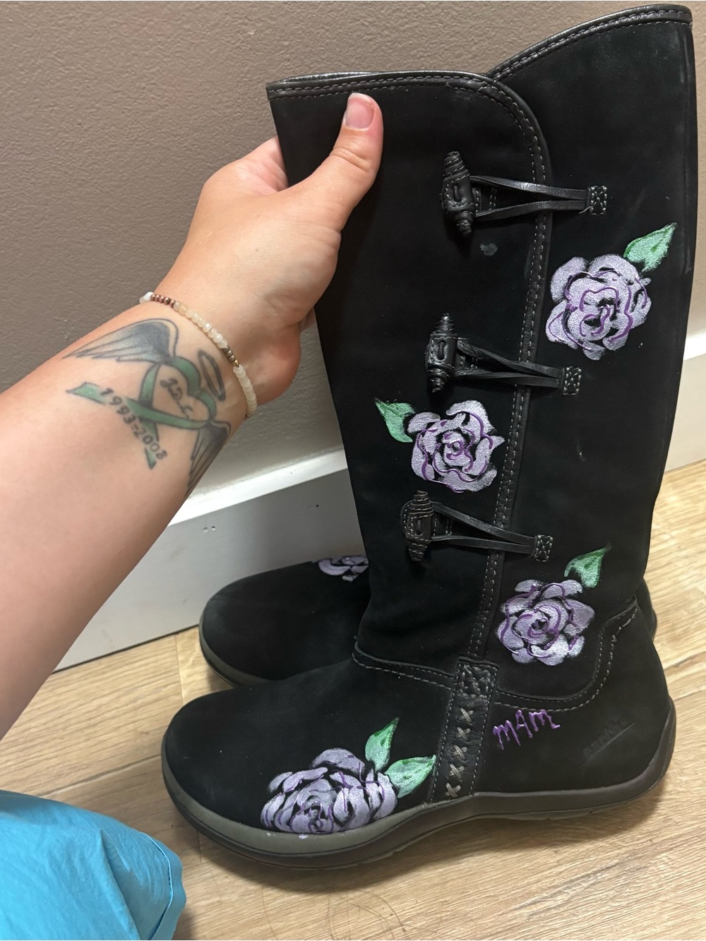 Earth Black Over-the-Knee Boots with custom painted Lavender Rose Embroidery